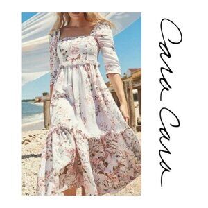 Cara Cara Blue Hill Tiered Linen Floral Midi Dress Size 12 NWOT